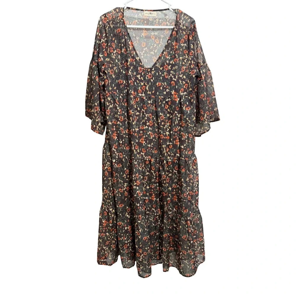 Natural Life Floral Tiered Midi Dress Womens Large Black Boho V-Neck Bell Sleeve